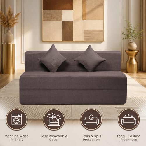 Image of Seventh Heaven Rejioce 3 Seater 5 * 6 Jute Fabric Washable Cover Sofa Cum Bed with 2 Cushions 3 Seater Double Foam Fold Out Sofa Cum Bed (Finish Color - Brown Delivery Condition - Pre-Assembled)