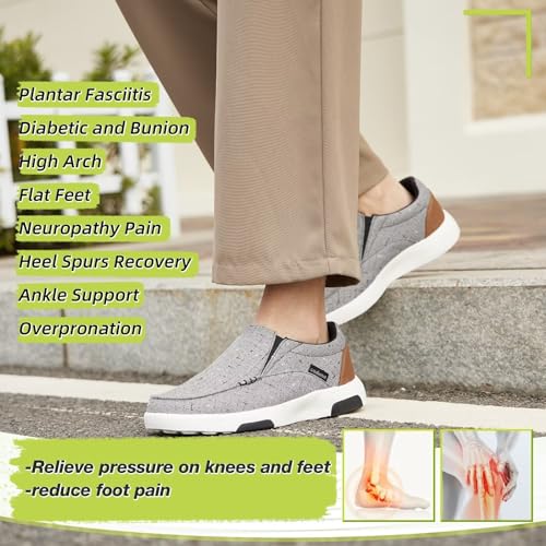 Image of Women's Orthopedic Slip-On Loafers Walking Shoes: Diabetic Elastic /Bungee Lace Supportive Loafer Shoes, Canvas Cushion Leisure Vintage Flat Driving Shoes for Flat Feet Dark Grey Size 8.5