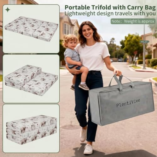 Image of Trifold Pack and Play Mattress 38x26, Dual Sided Foldable Pack N Play Mattress Pad for Baby Toddler, Woodland Playard Playpen Mat, Waterproof Washable Portable Travel Crib Mattress with Carry Bag