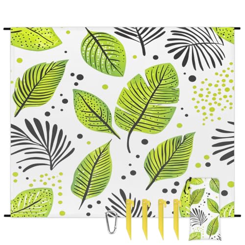Eabrults Waterproof Sandproof Beach Blanket, 59''×68'' Abstract Tropical Leaf Polyester Outdoor Picnic Blanket with 4 Stakes & Storage Bag for Beach,Camping,Vacation