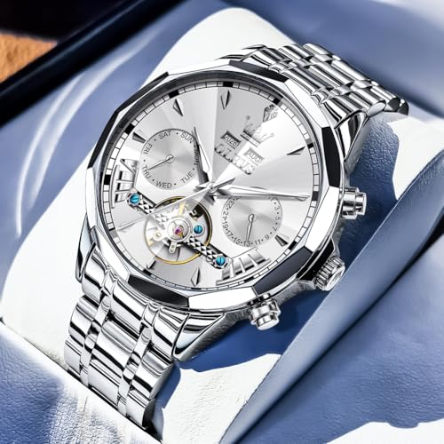Image of OLEVS Automatic Self Winding Men's Wrist Watch Skeleton Stainless Steel Calendar Chronograph Waterproof Luminous Luxury Gift Branded Watch for Man