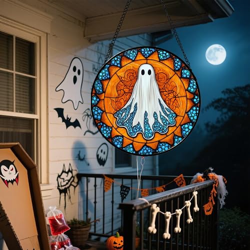 Image of Stained Glass Window Hanging - Halloween Decorations White Ghost Suncatcher for Doors Garden Indoor Spooky Funny Blue Sun Catchers Gothic Decor Horror Gifts for Women Men Friend 11.8 in