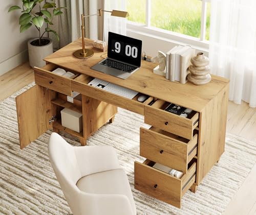 Image of WAMPAT 58 Inch Wood Desk with Drawers, Cabinet, Charging Station, Oak Brown | Modern Executive Desk with Keyboard Storage Drawer, Home Office Large Wooden Computer Desk, Work & Study Writing Desk