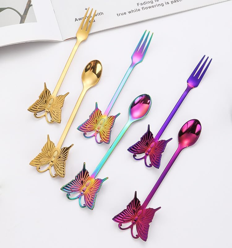 Silverware Flatware Set, 1/4/6/8pcs 304 Stainless Steel Coffee Stirring Spoon Hanging Cup Spoon Creative Cute Spoon Home Dessert Fruit Spoon(Black,8 Pieces)