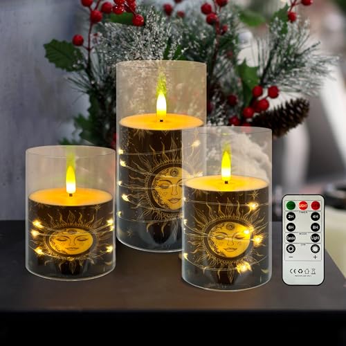 Image of Flickering Flameless Candles Black Moon and Sun, Embedded Star String Lights, Battery Operated Acrylic LED Pillar Candles with 11-Key Remote and Timer for Home Decoration, 3 Pack