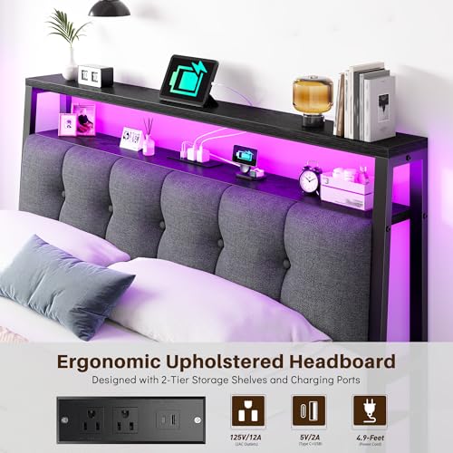 Image of Homkdom Queen Bed Frame with Charging Station and 12 inch Under-Bed Storage | 2AC Outlets&1USB-C&1USB-A,LED Linghts,Upholstered Storage Headboard,Noise-Free,No-Sliding,Supports up to 1000 lbs,Black