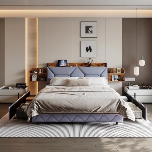 WOBOPCG Cama de matrimonio de 160 x 200 cm con almacenaje, cama acolchada de 160 x 200 cm con carga USB, cama contenedor con 4 cajones, estructura de cama de matrimonio con somier y cabecero, color