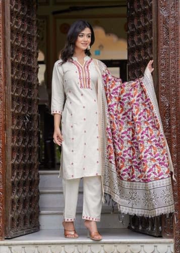 Image of Women's Cotton Embroidered Straight Kurti With Pant and Dupatta Set