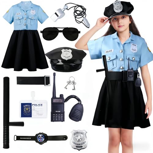 Kitimi Polizei Kostüm Kinder Mädchen Faschingskostüme Kinder Polizei Kleid Set Polizei Accessoires für Karneval Halloween Kostüm Polizei Kinder