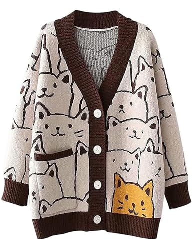 Wyeysyt Cat Sweater for Women Casual Button Down V Neck Cable Knit Cardigan Cute Kawaii Cartoon Cardigan Coat(Brown-M)