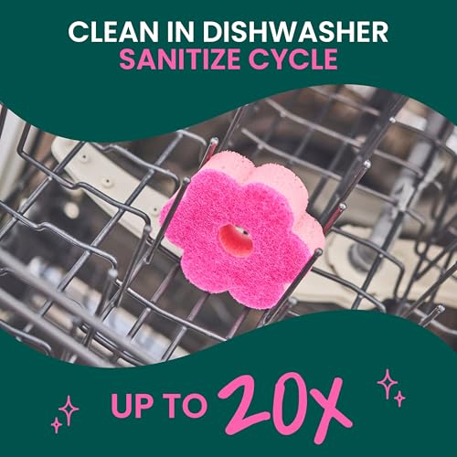 Image of Scotch-Brite Brite Blooms Extra Gentle Scrub Sponge, Dishwasher-Safe Kitchen Sponge for Cleaning Delicate Surfaces, Pink Spring Flower Dish Sponges Made with 100% Recycled Fibers