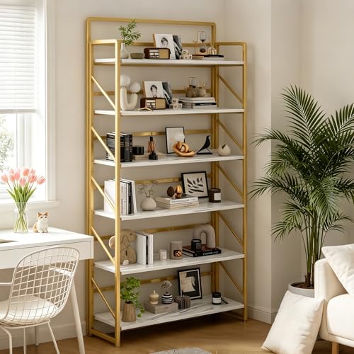 Image of JSB 6 Tier No Assembly Folding Bookshelf, 30.3 inch Wide Foldable Storage Bookcase for Home Office, Space-Saving Storage Shelf for Living Room (White&Gold)