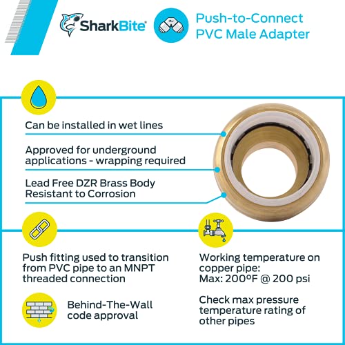 Sharkbite 3/4 Inch Pvc X 3/4 Inch Mnpt Adapter, Push To Connect Brass Plumbing Fitting, Pex Pipe, Copper, Cpvc, Pe-Rt, Hdpe, Uip134A #TOP3