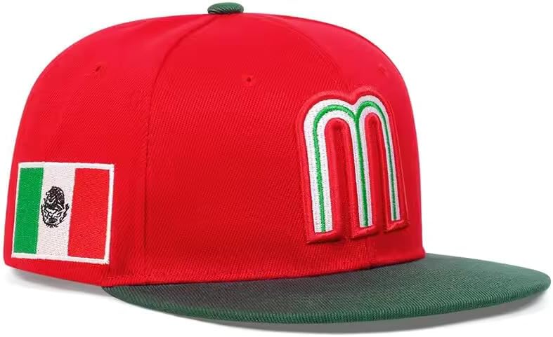 Mexico Snapback Hat with Embroidered Letter M & Mexican Flag, Flat Brim Baseball Cap, Adjustable Fit