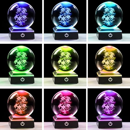Image of 3D Crystal Ball Glass Lilys Flowers Home Decor Collectible Figurines Lamps for Bedrooms Artificial Lily Flower Gift for Crystals Lovers Women Etched Glass Night Light