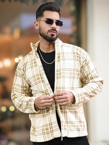 Image of Maniac Mens Checkered Full Zipper Fullsleeve Polyester Blend Fleece Shacket for Men