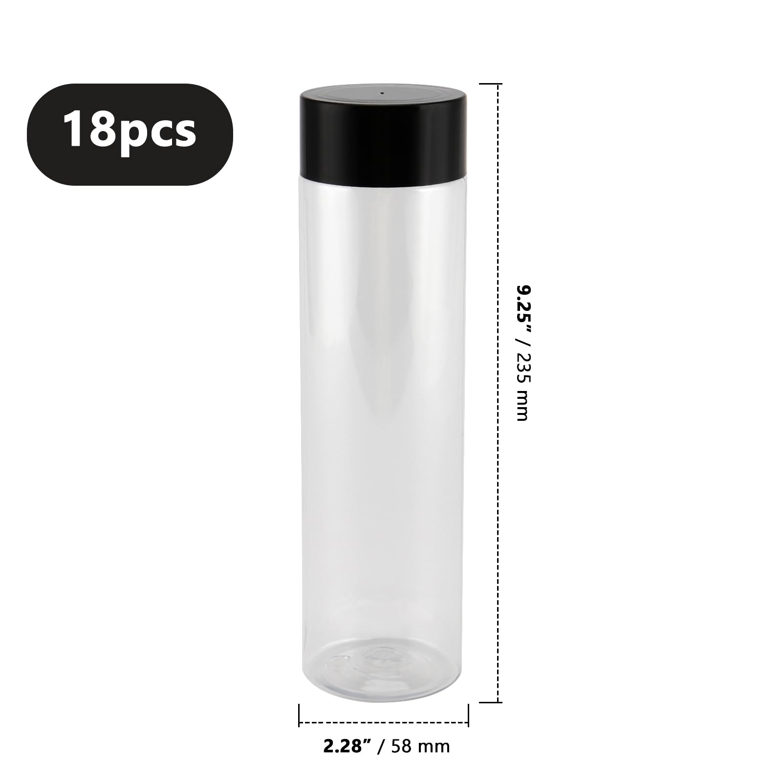 ZOENHOU Paquete de 18 botellas de jugo de plástico transparente de 550 ml, botellas de jugo vacías a granel con tapas negras, botellas de bebidas de PET con tapas para agua