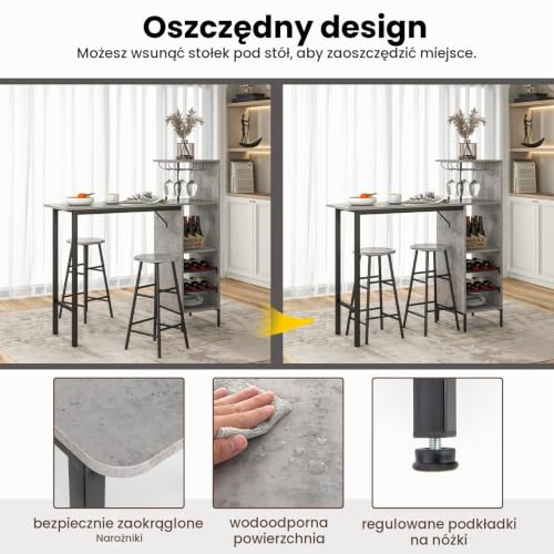 COSTWAY Stół barowy z taboretem barowym, zestaw 2 osób, stół barowy z uchwytami na kieliszki do wina i butelki, blat kuchenny do salonu, jadalni i kuchni (szary)