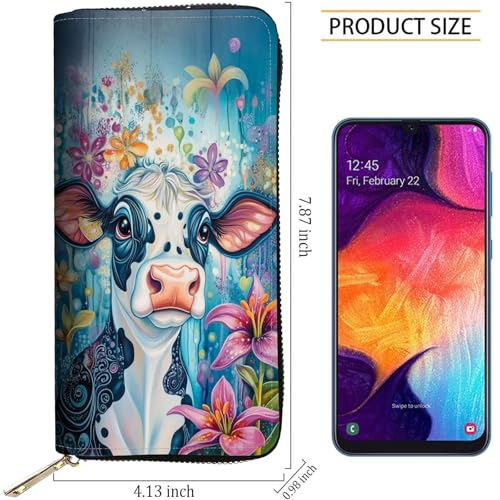 Image of RFID Blocking Leather Wallet for Women - Large Capacity Zip Around Clutch with 8 Card Slots,7 Cash Pockets & Coin Zipper,Watercolor Cow