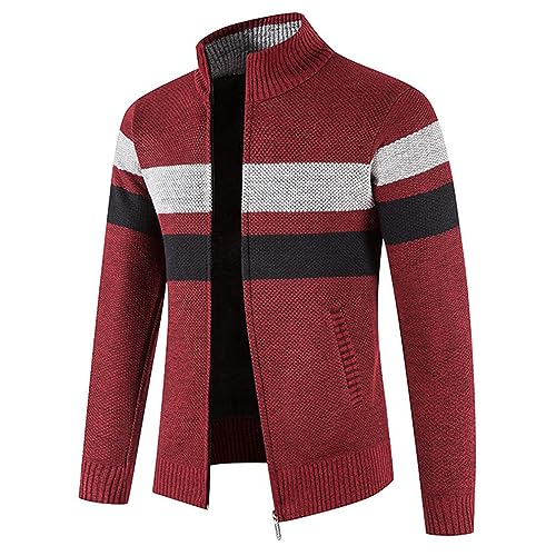 evzosrz Mens Casual Cardigan Sweater Long Sleeve Striped Full Zip Warm Loose Fit Winter Cable Knitted with Zipper Pocket