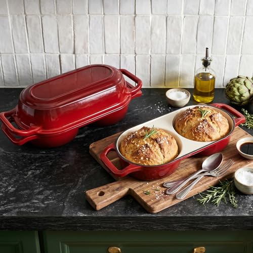 Image of Double Dutch Oven Pot with Lid, 2.2QT Enameled Cast Iron Bread Loaf Pan, Mini Dutch Oven For Sourdough Bread Baking, 500F Oven Safe Non Stick Dual Round Bread Pan, Bread Oven, 16.5cm Diameter, Red