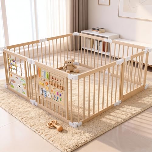 Image of Foldable Wooden Playpen, Natural Wood Baby Playpen with Adjustable Size and Shape, Portable Includes 2 Game Boards, 10+ Toy Set, Suitable for Indoor Use (61X61X24 inchs)