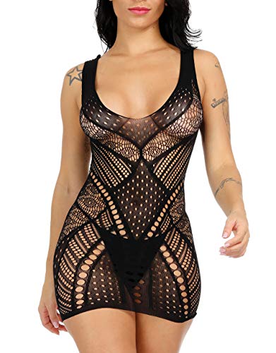 Woosifun Women Sexy Fishnet Lingerie V-Neck Babydoll Bodysuit Strapless Mesh Chemise Mini Dress One Size Black