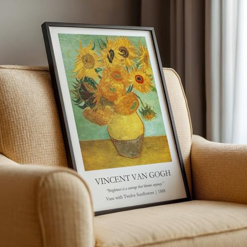 Image of Waltractive Vincent Van Gogh Paintings Framed Poster with Beautiful Quotes - Available in 33x22 and 48x33 CM - Classic Art Poster with sleek Black Frame - Elegant Home and Office Decor (Vase with Twelve Sunflowers, 9x13 Inch, Framed)