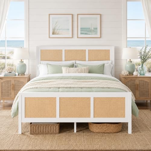 IMMERSTABLE Rattan Full Bed Frame with Headboard and Footboard Boho Metal Platform Bed Frame Full Size with 13.8 in Under Bed Storage Heavy Duty Metal Slat Support No Box Spring Needed White