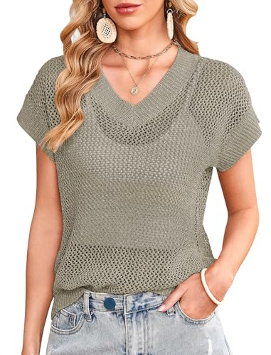 Cakulo Summer Crochet Tops for Women 2025 Short Sleeve V Neck Hollow Out Knit Beach Cover Up Boho Sweater Top Light Green M