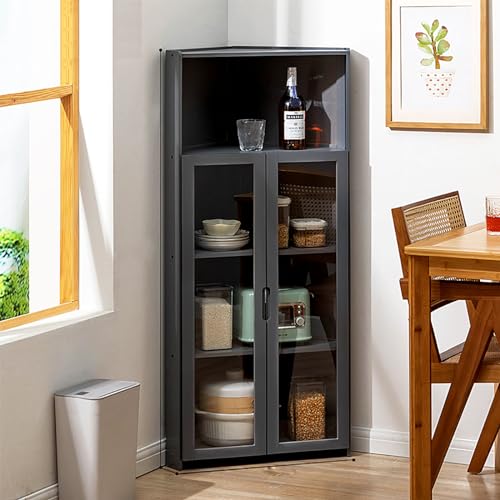 Armario de almacenamiento de esquina alto de bambú con acrílico de alta definición, puertas dobles abiertas, estante de cocina multifuncional para almacenamiento de platos