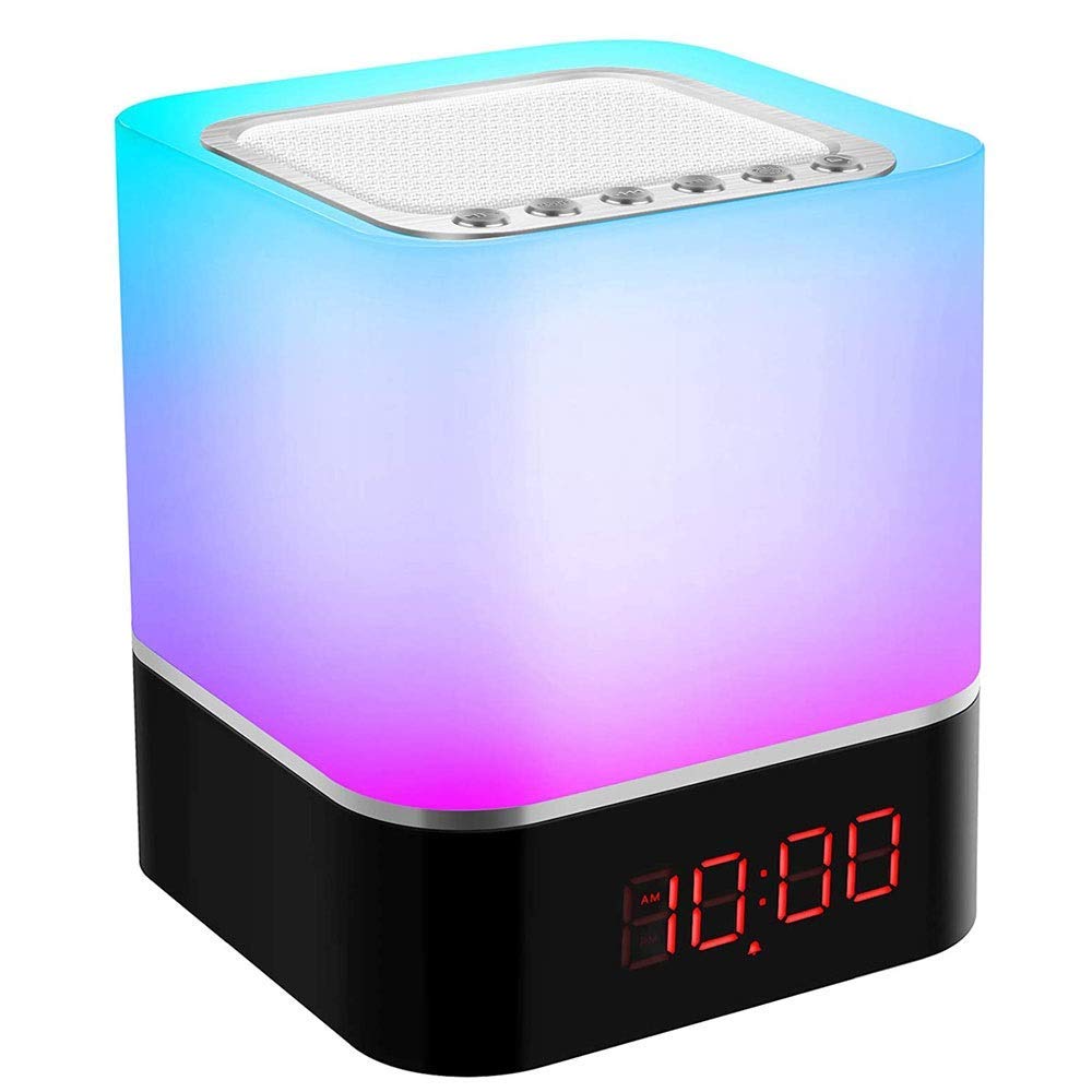 Lámpara de noche con altavoz inalámbrico portátil LED, lámpara con altavoz Bluetooth 5 en 1 con pantalla de reloj y recordatorio de alarma, tarjeta AUX/TF/disco U, para el hogar y el dormitorio