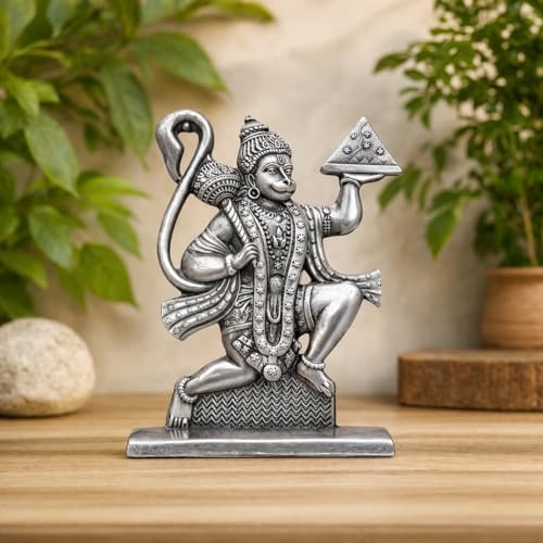 Image of 6cm Height Unique Hanuman ji Idol with Double Sided Design Hanumanji Murti Bajrangbali Statue for Home Temple&Car Dashboard,Office,Gift- for Good Luck & Fortune|(Silver)(Pack of 01)
