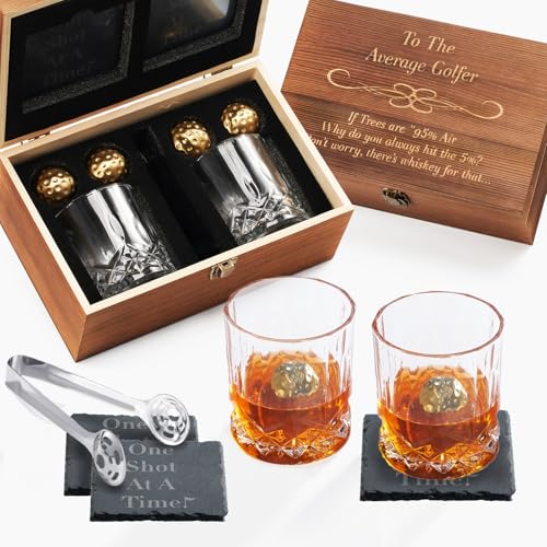 Funny Golf Gift For Men - For Him | Husband | Friend - Engraved Whiskey Glass Set, Golf Ball Whiskey Chillers &Amp; Glasses With Wood Gift Box For Birthdays, Bachelor Parties, Anniversaries