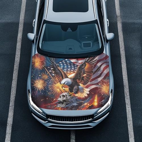 Image of Eagle Skull Hood Covers for Cars American Flag Car Front Hood Cover with Elastic Band 4th of July Car Bonnet Banner UV Resistance Engine Cover Auto Accessory Decoration