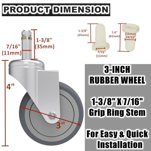 3-inch swivel stem caster 716-inch stem diameter rubber wheel heavy duty tpr replacement wheels for rubbermaid mop bucket cart grill casters - 4 pack