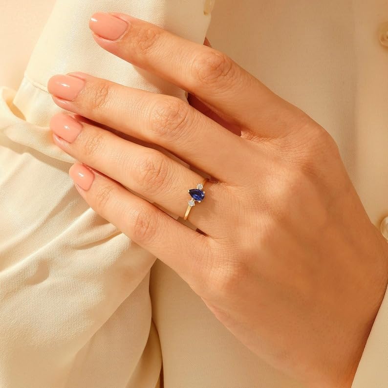 Blue Sapphire Ring,14k Gold Plated Sapphire Engagement Ring, Dainty Pear Cut Sapphire Band, Womens Teardrop Shape Solitaire Ring Gift for Her4