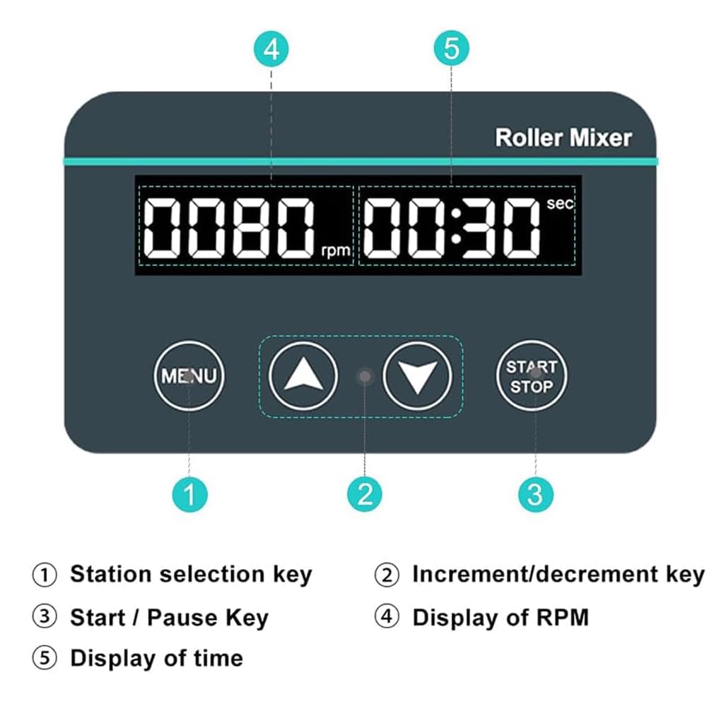 Labor-Rollenmischer, Reagenzflaschenschüttler, digitaler 4-Rollen-Mischer, Drehzahl einstellbar von 20–80 U/min, Zeitschaltuhr- oder Dauerbetriebsmodus (1 Min.–23 Std. 59 Min.), für biologis