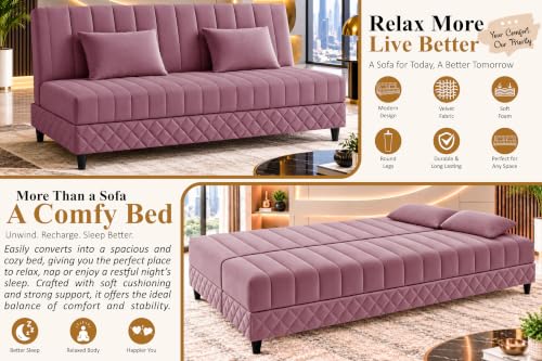 Image of Modern 3 Seater Sofa Cum Bed with Cushions, Foldable Convertible Couch, Velvet Fabric Sleeper Sofa for Living Room, Guest Room, Rose Pink
