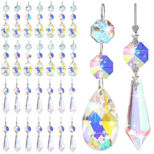 Potchen 24 Pcs Chandelier Crystal Replacement 38 mm Teardrop & Icicle Crystal Prisms Hanging Gems Parts for Lamps and Chandeliers Suncatcher Christmas Tree Windows Home Decor (Colorful)
