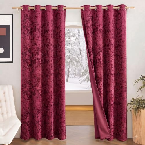Image of IVAZA Royal Burnout Velvet Eyelet Curtains - Textured Door Curtain | 70-80% Blackout Curtains for Door | Heavy Premium Drape | Modern Luxury, Door Curtain 7 feet Set of 2 Wine
