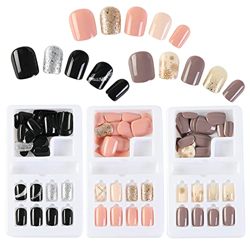 Pretend Nails 90pcs Full Cowl Brief Press on Nails Detachable False Nails Sq. Brief Cute Design Acrylic Nails, Pink Black Brown Stable Colour Nails 12 Sizes for Nail Artwork Salons Dwelling DIY for Small Nails