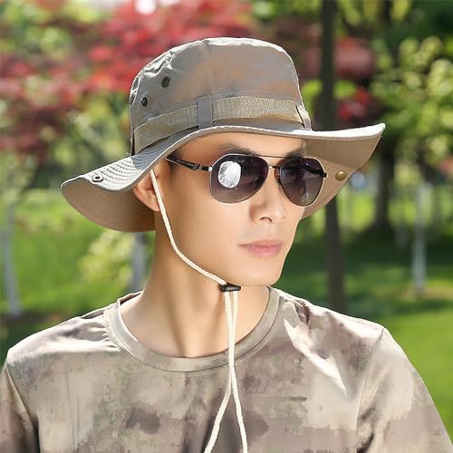 Taeku Buschhut, Herren Damen Mesh Bucket Boonie Hat Breite Krempe Sonnenhut mit Kinnband Fischermütze Outdoor Angelhut (Khaki)