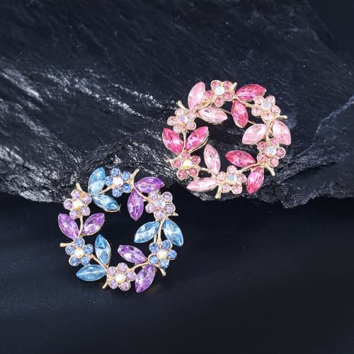 Image of Flower Wreath Brooches for Women Round Floral Rhinestone Lapel Pins Broach Blazer Dress Denim Jacket Clothes Badge Bridal Wedding Birthday Party Jewelry Gifts