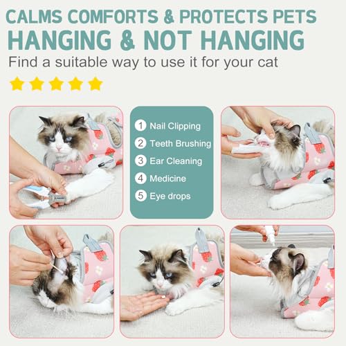 Image of Supet Cat Grooming Hammock Harness for Nail Trimming, Cat Grooming Hanging Sling for Nail Clipping, Pet Restraint Holder for Cutting Nails, Medicine, Ear & Teeth Cleaning, Eye Care (Strawberry M)