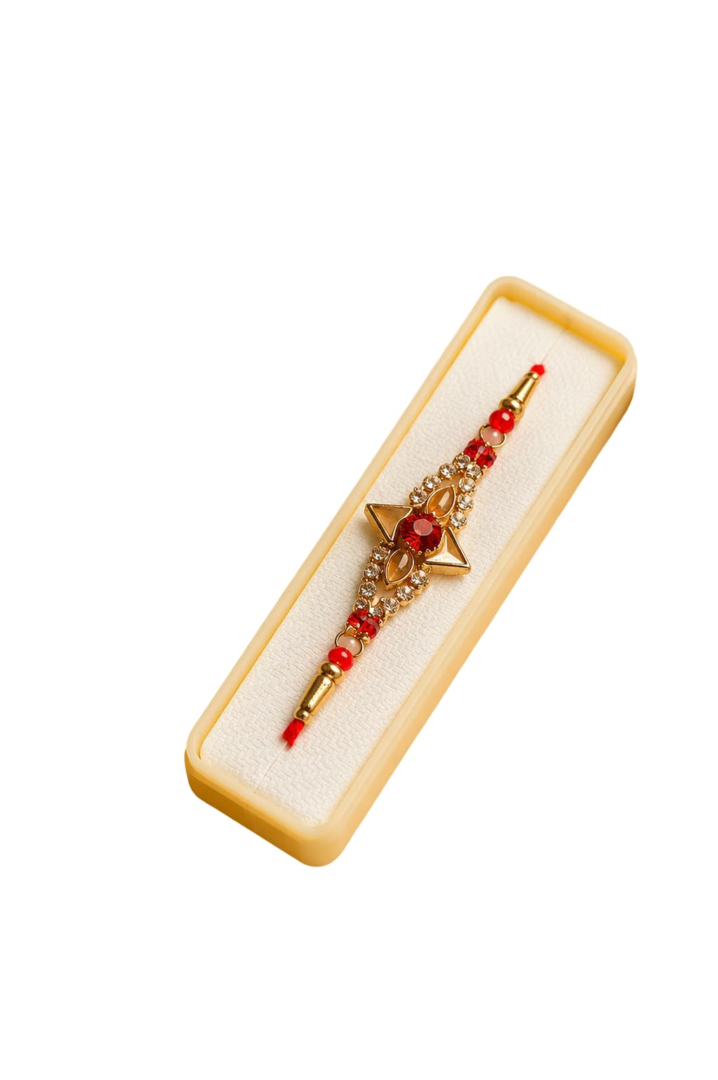 Premium Four-Petal Star Designer Rakhi for Brother | Red Crystal and Stone-Studded Gold-Tone Rakhi-image-16