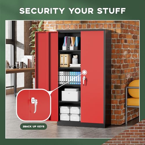 Image of Greenvelly Metal Storage Cabinet, 72 inch Black Locking Metal Garage Storage Cabinet with Doors and 4 Adjustable Shelves, Lockable Steel Cabinet for Home Office, Garage, Shop, School (Red 36 inch W x 18 inch D)