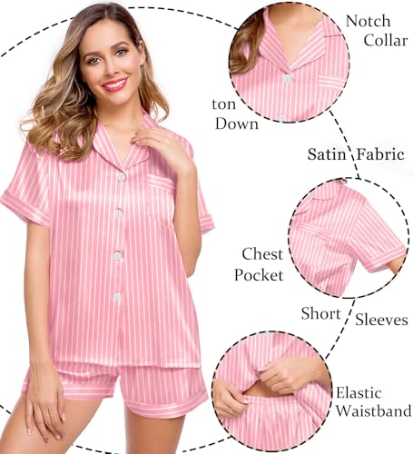 Image of LecGee Womens Silk Satin Pajamas Short Sleeve Loungewear Two-Piece Sleepwear Button-Down Pj Set
