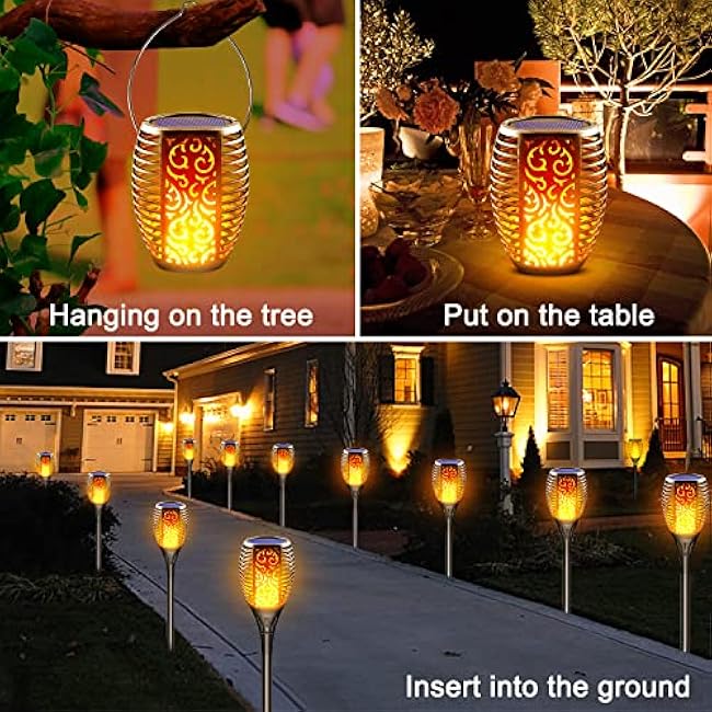 4 Pack Solar Tiki Torch Lights Outdoor Waterproof - Realistic Flickering Flame Fire Effect, 3-in-1 Hanging Lantern with Detachable Hook - Auto On/Off for Patio, Garden, Yard, Pathway Decor