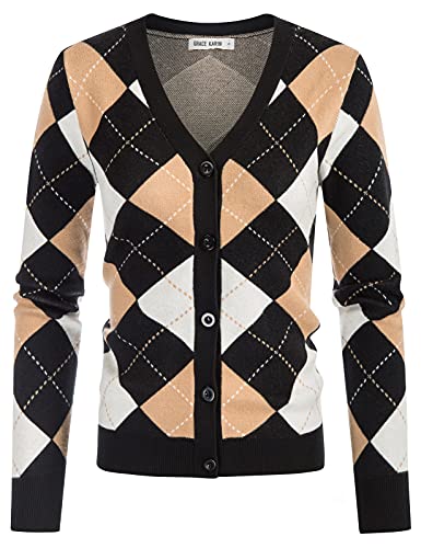GRACE KARIN Womens Argyle Cardigan Soft Lightweight Knit Cardigan V-Neck England Preppy Style...
